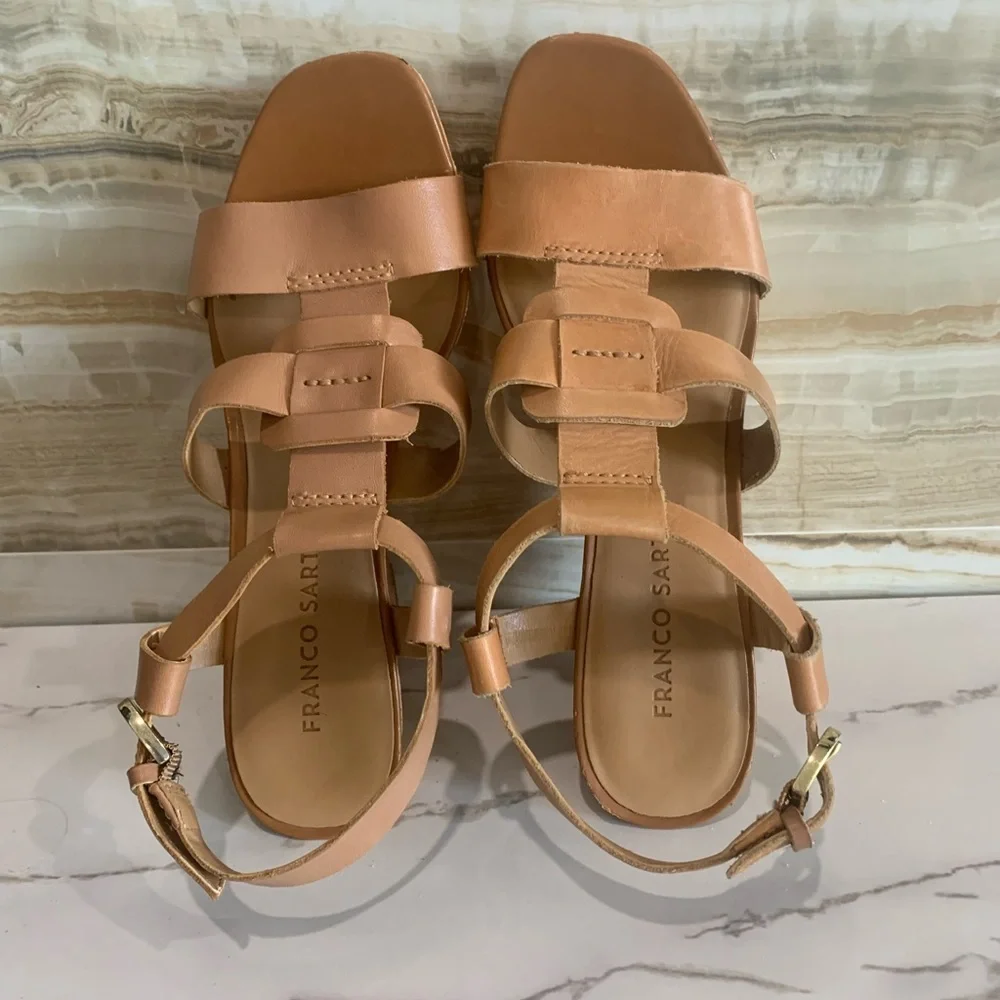 Women’s Tan Franco Sarto Upper‎ Leather Strap Sandal Wedge Size 7